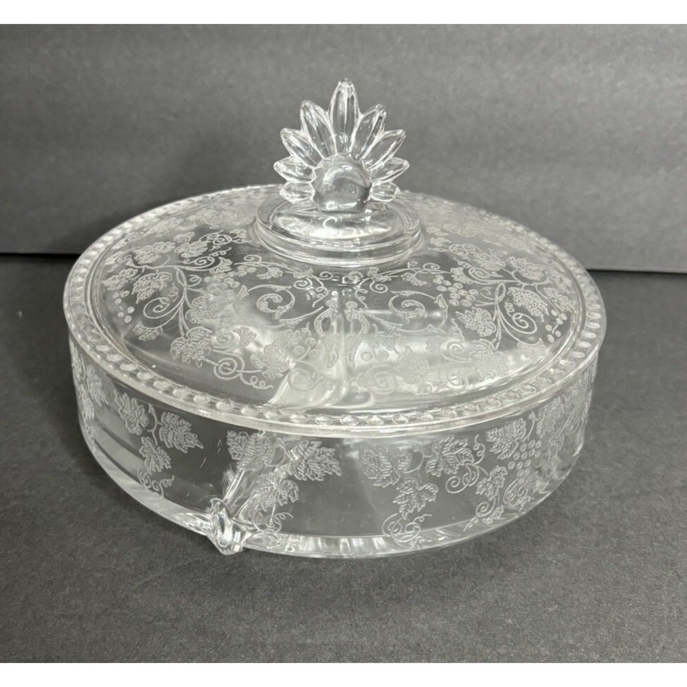 New Martinsville Florentine Candy Dish and Lid Divided 3 Part Depression Glass